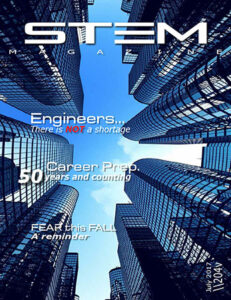 Skyscrapers with text about engineers and career progress on a magazine cover.