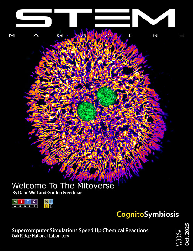Colorful microscopic view of mitochondria with vibrant green centers.