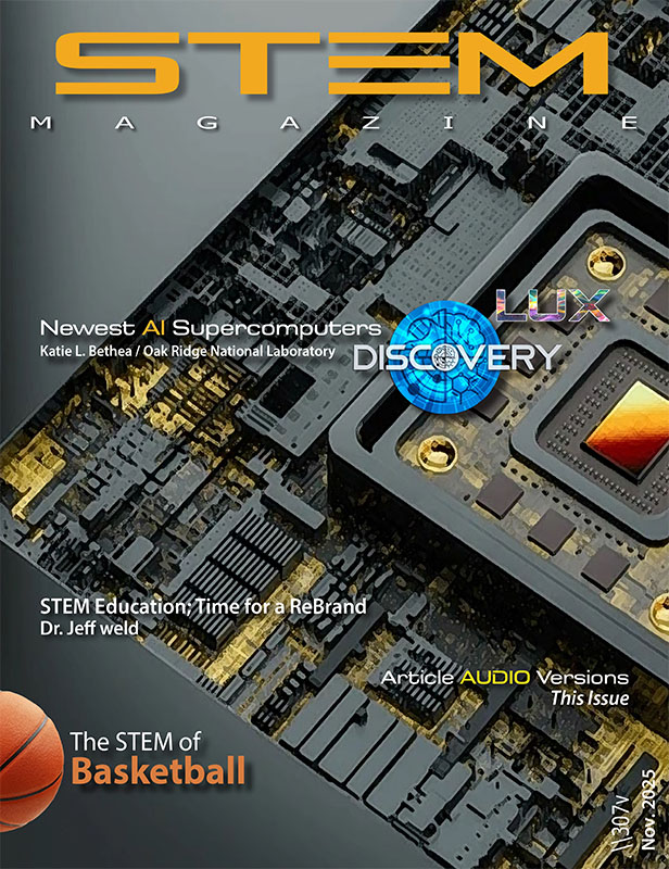 Close-up of a computer circuit board with text about AI and STEM education.