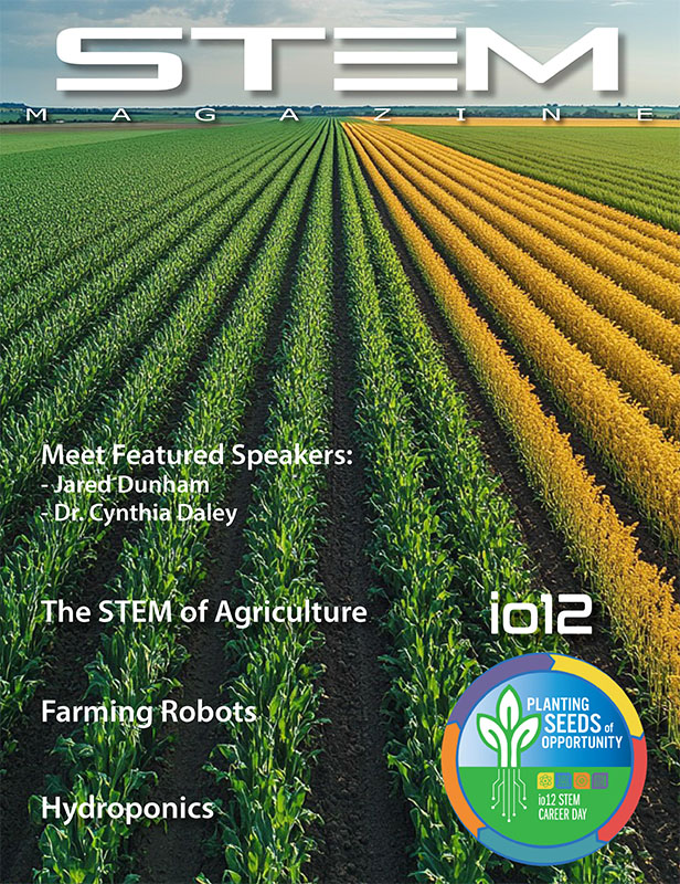 A field with green and yellow crops promoting a STEM agriculture event with featured speakers.
